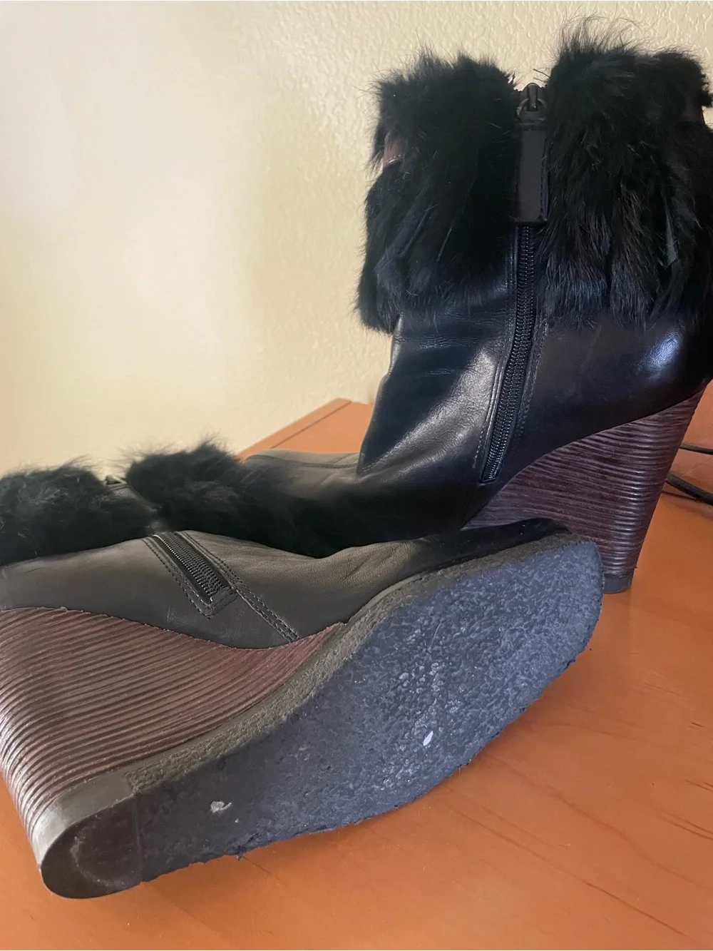 Vintage Faux Fur Trim Black Wedge Booties